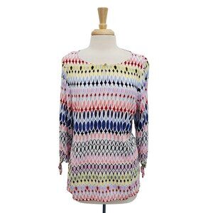 Talbots Petites‎ Multicolor Geo Print Blouse Top XL Petite Tie Sleeve 3/4 Sleeve